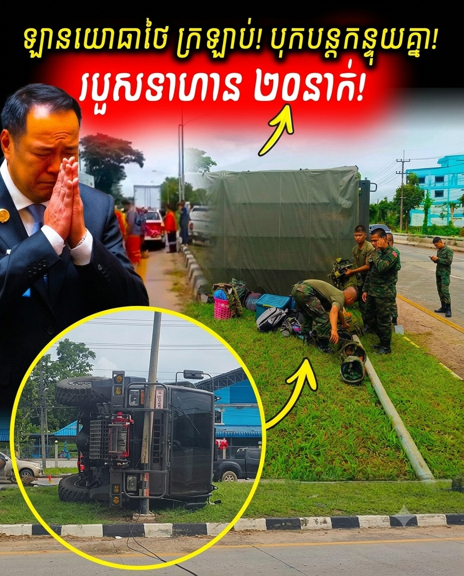 រន្ធត់ផ្អើលផ្លូវ! ឡានយោធាថៃ ១០កង់ក្រឡាប់ផ្ងារជើង បង្កជាគ្រោះថ្នាក់បុកបន្តកន្ទុយគ្នា ២ដំណាក់កាល របួសកងទ័ពជើងទឹក ២០នាក់